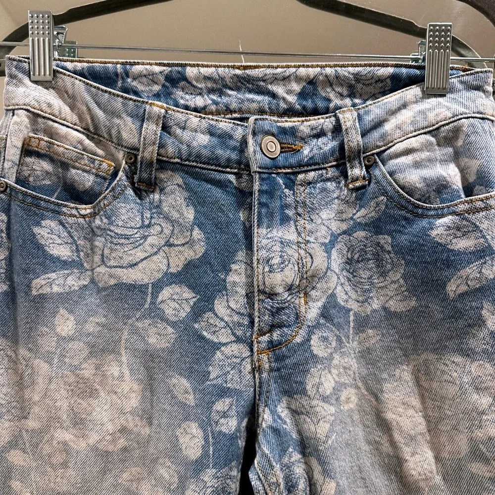 Vintage Floral Bleached Printed Flared Jeans Distressed Boho Festival 26 - Picture 3 of 8